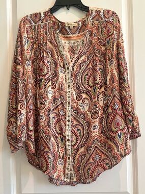 Democracy Paisley Boho Button Front Blouse Large casual blouse